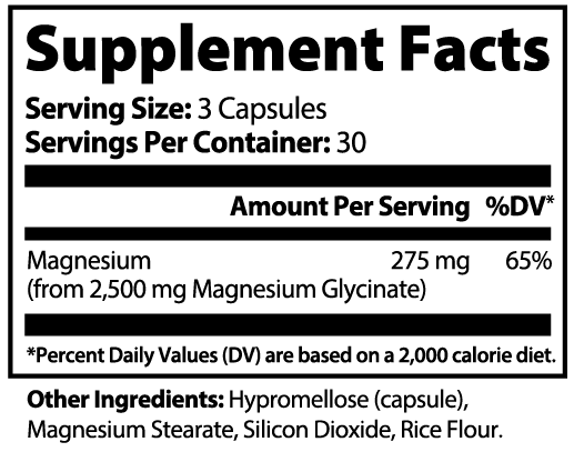 Supplement Facts panel: serving size 3 capsules, 30 servings per container, magnesium 275 mg (65% DV) from 2,500 mg magnesium glycinate. Other ingredients: hypromellose capsule, magnesium stearate, silicon dioxide, rice flour.
