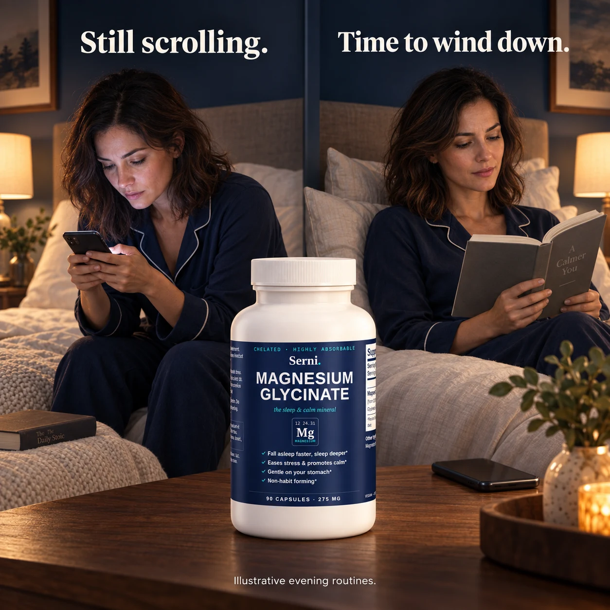 Evening routine: scrolling on a phone versus winding down with a book and Serni magnesium