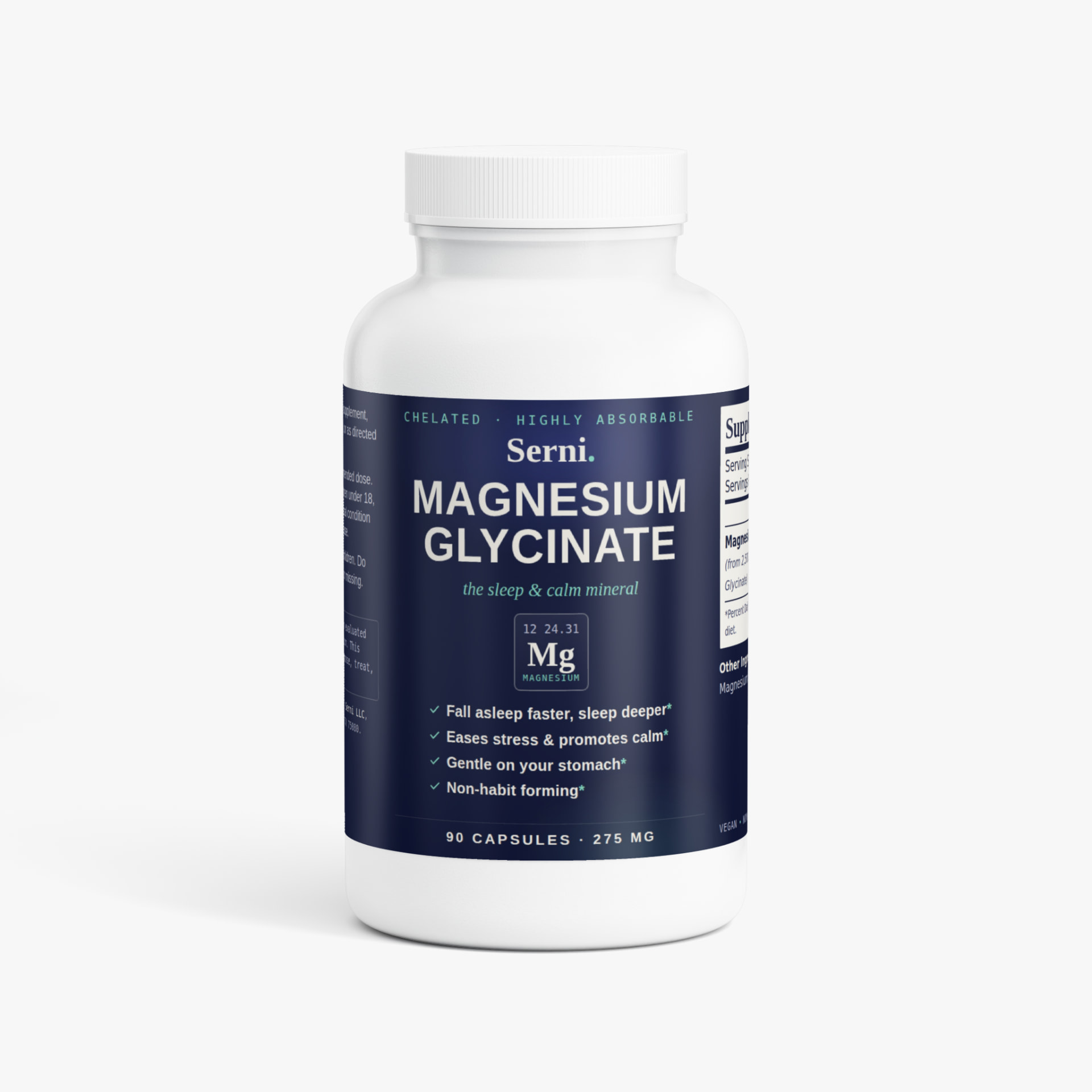 Serni Magnesium Glycinate bottle, 90 capsules, white bottle with navy label