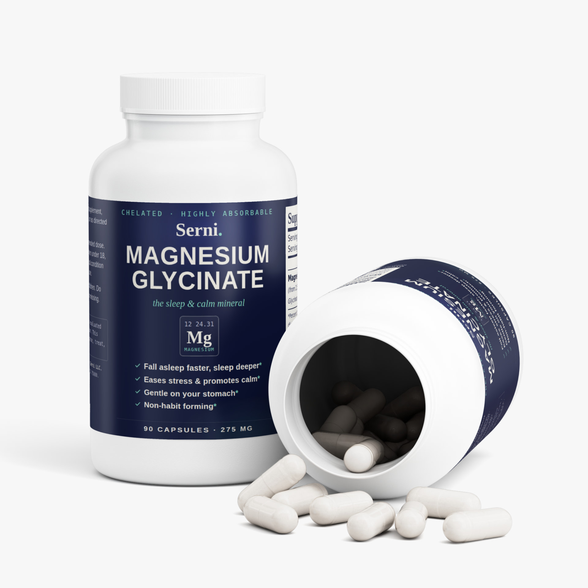 Serni bottle with white magnesium glycinate capsules spilling out